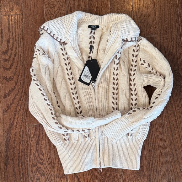 Rails Sweaters - Rails Cream Zip-Front Cable Cardigan with Brown Contrast Stitching